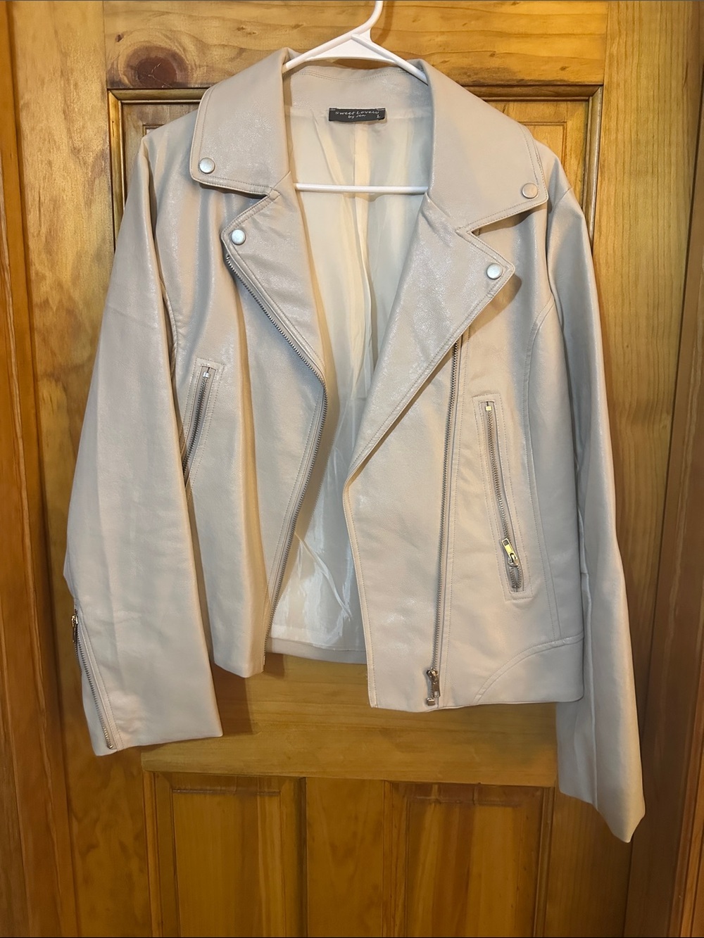Women's Light Beige Faux Leather Moto Jacket